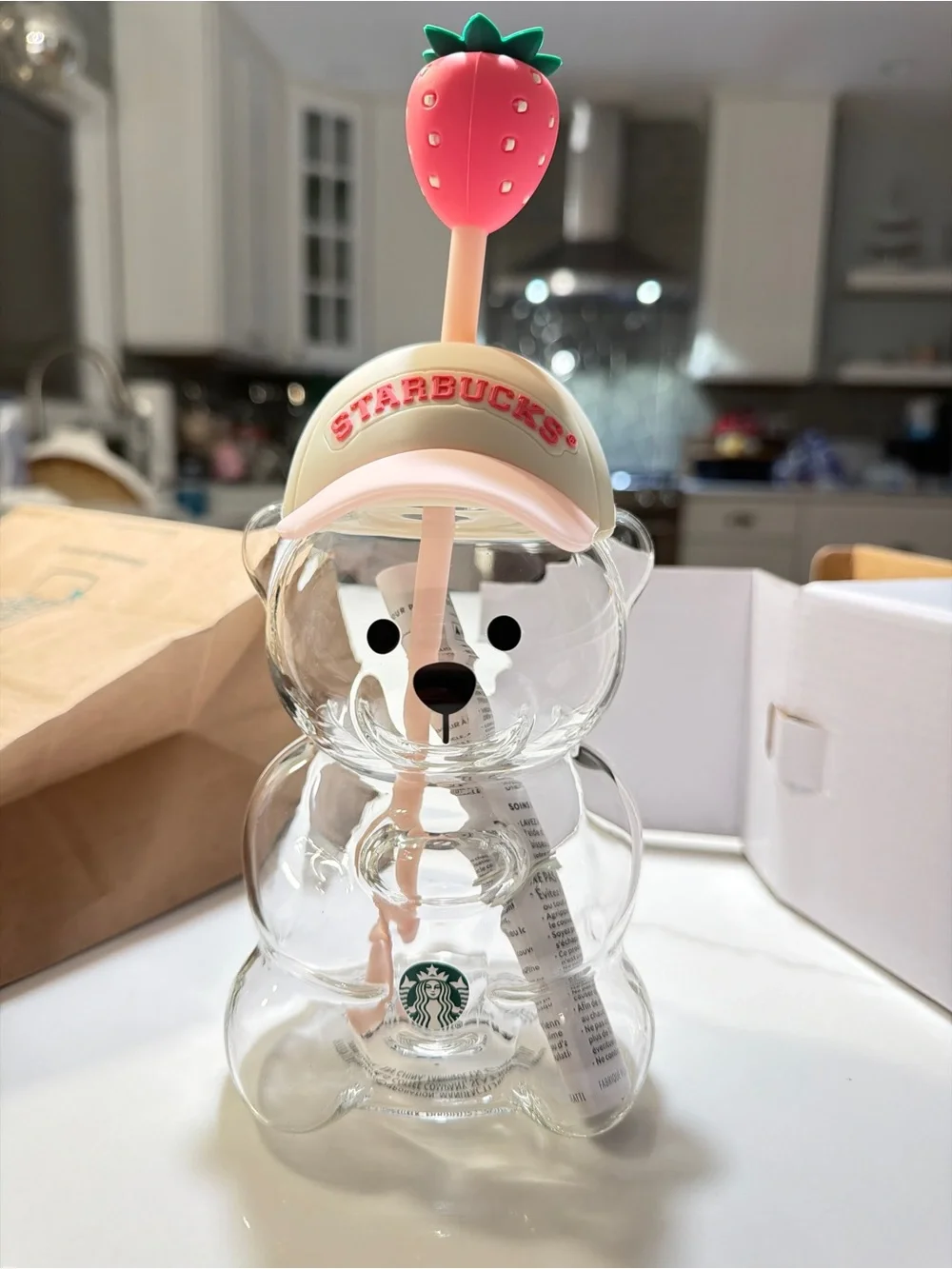 Starbucks Clear Bearista Glass Cup with Pink Strawberry Top. Brand new!